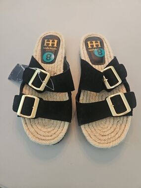 Haute Hippie Black Suede Double-Buckle Slide Sandals